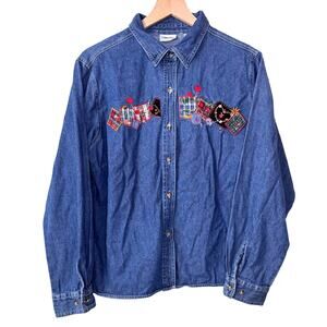 CABIN CREEK Denim Button Down Women's XL 100% Cotton Patchwork Teacher Farmhouse